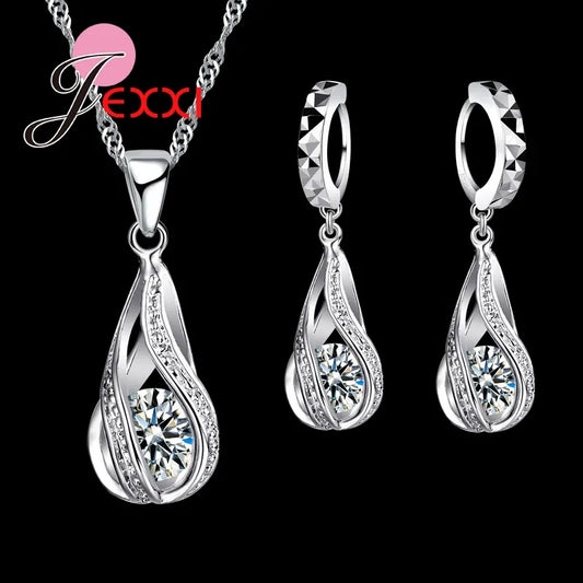 925 Sterling Silver Necklace Pendant Earrings Fashion Spiral Shaped White Crystal Jewelry Sets.Free Shipping.Delivery Time:3weeks