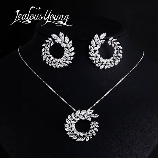 Two Size New Design Luxury AAA Zircon Olive Branch Earrings and Pendant Jewelry Sets For Fashion Women Wedding Jewelry Set AS128