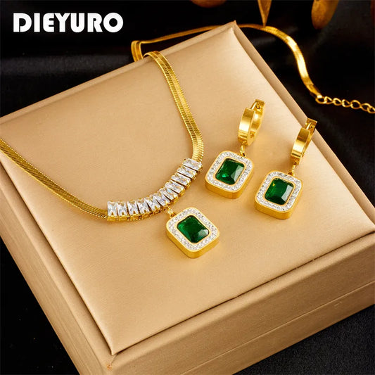 DIEYURO 316L Stainless Steel Luxury Non-fading Square Green Crystal Zircon Pendant Necklace Earrings Jewelry Set For Women Gifts